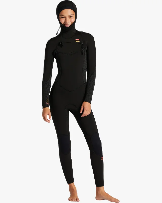 Girls 5/4mmn Synergy Hooded Chest Zip Wetsuit - Wild Black Hoodie with Pocket Utility Practical