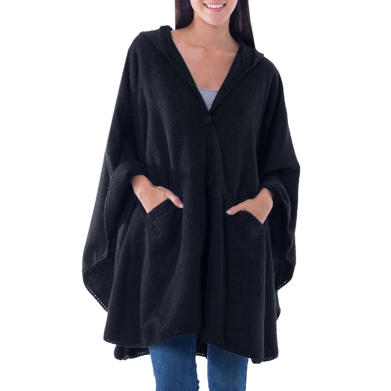 Glamorous Night Black Hooded Ruana Cape Hoodie with Back Slit Movement Comfort