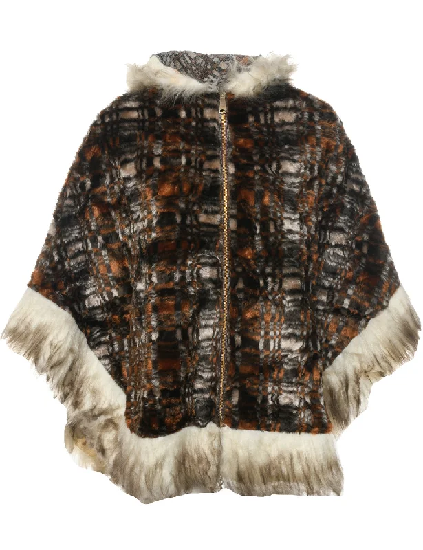 Hooded Faux Fur Cape - L Hoodie with Hem Embroidery Detailed Premium