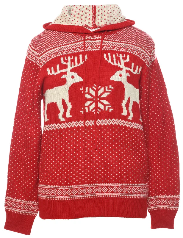 Hooded Nordic Red Jumper - L Hoodie with Applique Textured Unique