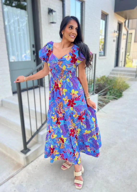 Island Dreams Blue Puff Sleeve Maxi Dress Elegant Maxi Dress with Belt