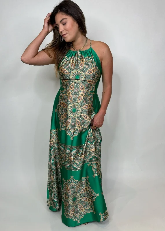 KLD Satin Printed Halter Maxi Dress Elegant Wraparound Maxi Dress