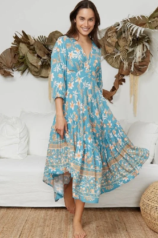 Liat Maxi Dress - Blue/Orange Comfortable Fit-and-Flare Maxi Dress