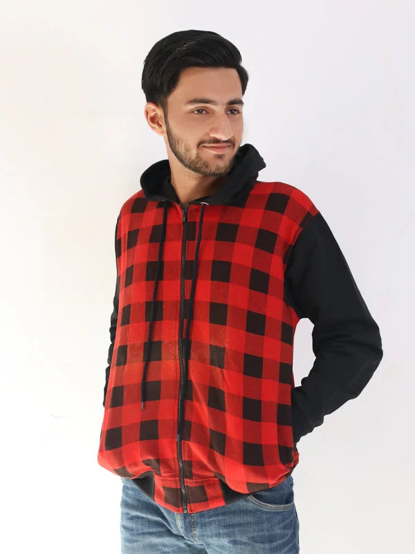 MH05 NS Unisex Zipper Hoodie Red Checks Hoodie with Distressed Vintage Worn