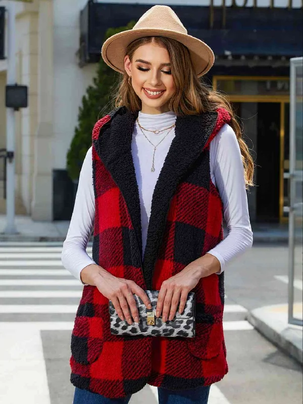 Women's Plaid Hooded Vest Hoodie Sweatshirt Pullover