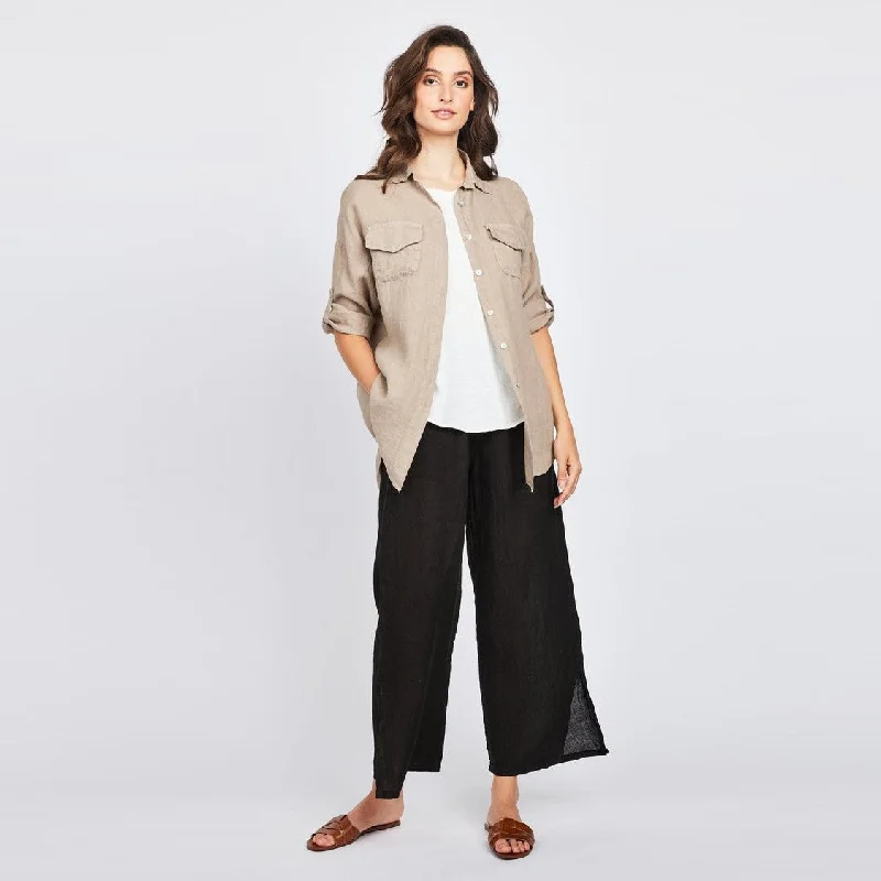 Pull-On Linen Straight Pants (Black) Relaxed Casual Leggings