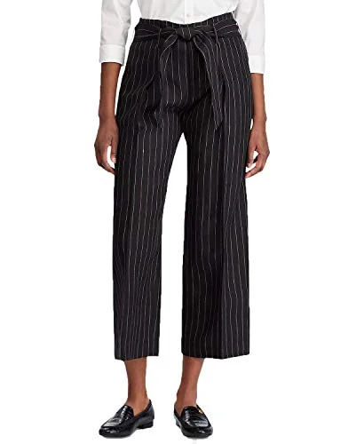 Ralph Lauren Stripe-Print Wide-Leg Pants (Black/Tan, 4) Casual Track Pants