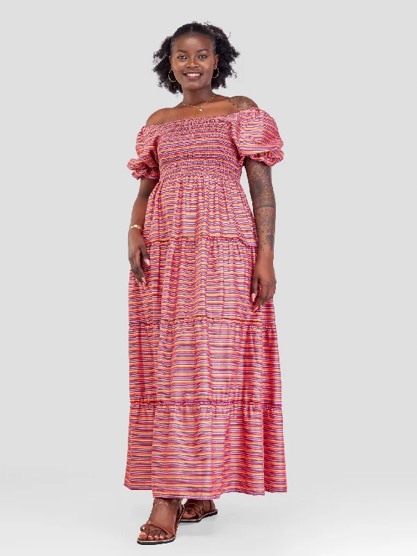 Safari Kikoy Shirred Top Maxi Dress - Red Print Fashionable Chiffon Tiered Maxi Dress