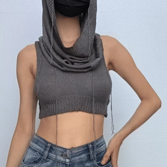 Solid sleeveless knitted stitch hoodie crop top Hoodie with Hem Raw Edge Edgy Unfinished