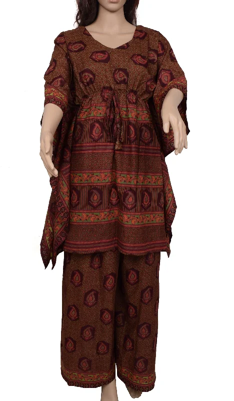 Sushila Vintage Blend Silk Sari upcycled Palazzo Pants & Kafhtan Top Set Maroon Elegant Trouser Pants