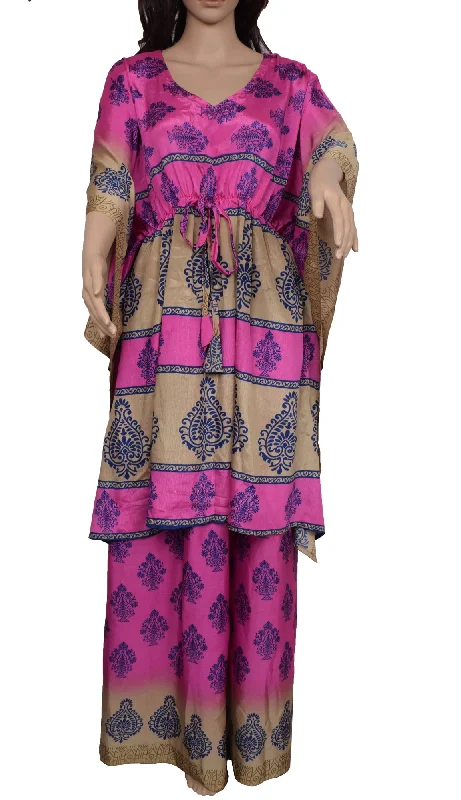 Sushila Vintage Blend Silk Sari upcycled Palazzo Pants & Kafhtan Top Set Pink Comfortable Denim Pants