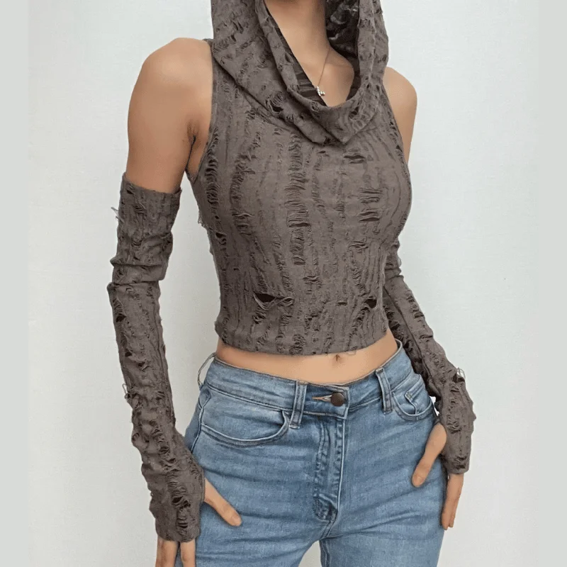 Textured off shoulder hoodie gloves cowl neck crop top Graphic Hoodie Design Print