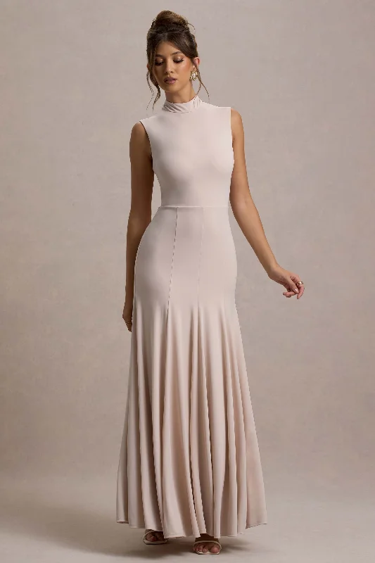 Ulani | Champagne High-Neck Maxi Dress With Open Back Fashionable Open-Back Maxi Dress