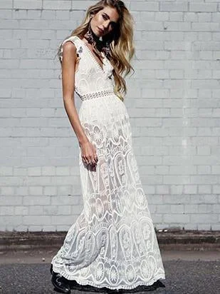 Unique Lace Deep V-neck Backless Hollow Maxi Dress Classic A-Line Maxi Dress