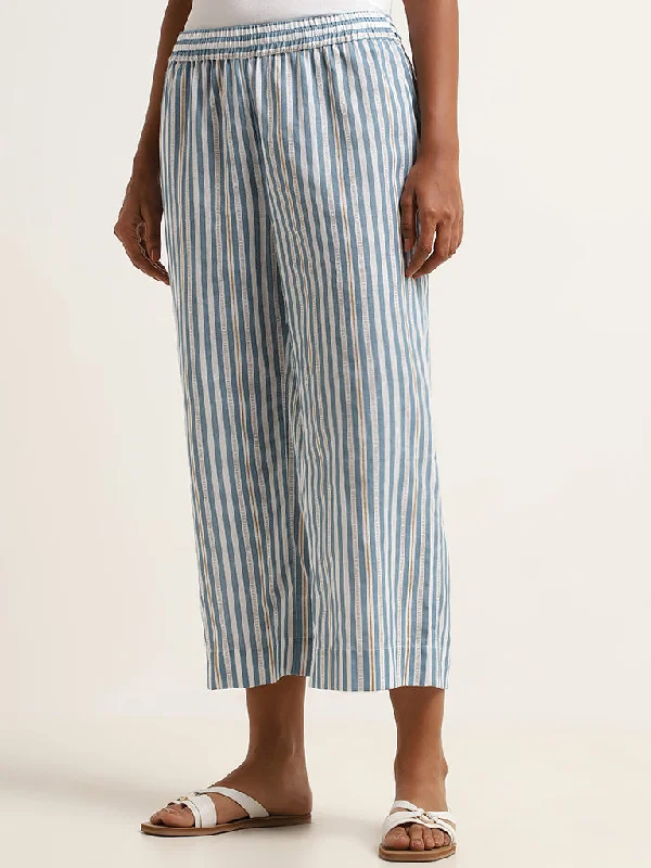 Utsa Blue Striped Cotton Blend Pants Classic Chino Pants