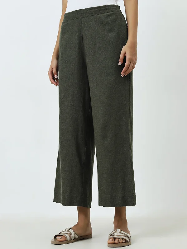 Utsa Olive High-Rise Cotton Ethnic Pants Relaxed High-Waist Trousers