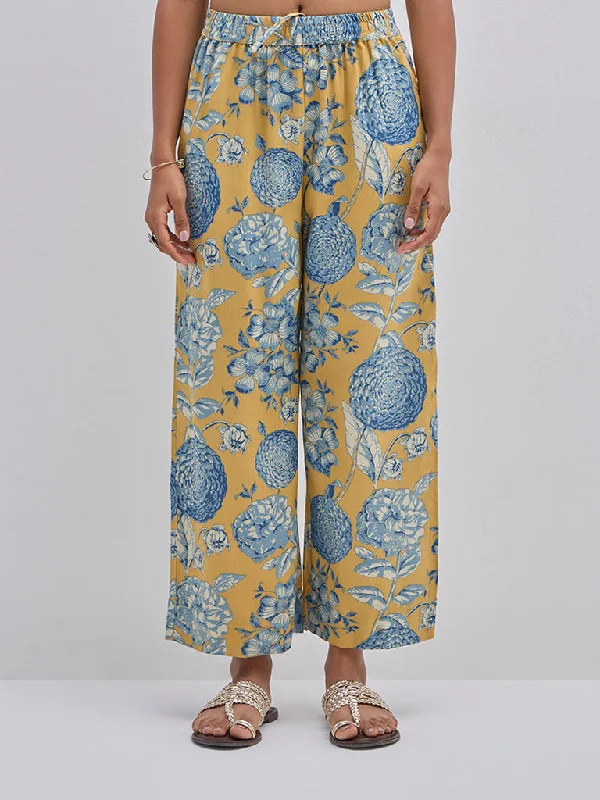 Utsa Yellow Floral Patterned High-Rise Ethnic Pants High-Waist Trousers