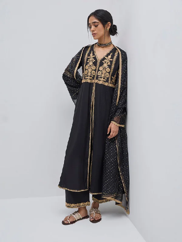 Vark Black Floral Anarkali Kurta, Pants and Dupatta Set Chic Capri Pants