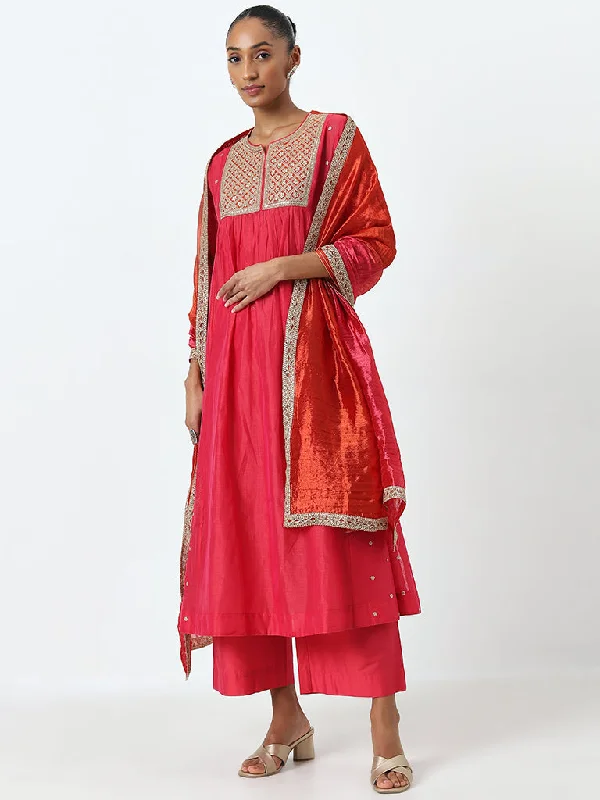 Vark Dark Pink Embroidered Kurta, Pants and Dupatta Set Trendy Tapered Pants