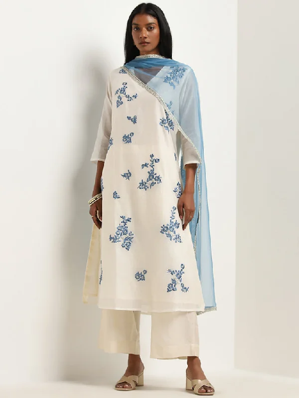 Vark Off-White Floral Embroidered A-Line Kurta, Pants and Dupatta Set Comfortable Cargo Pants