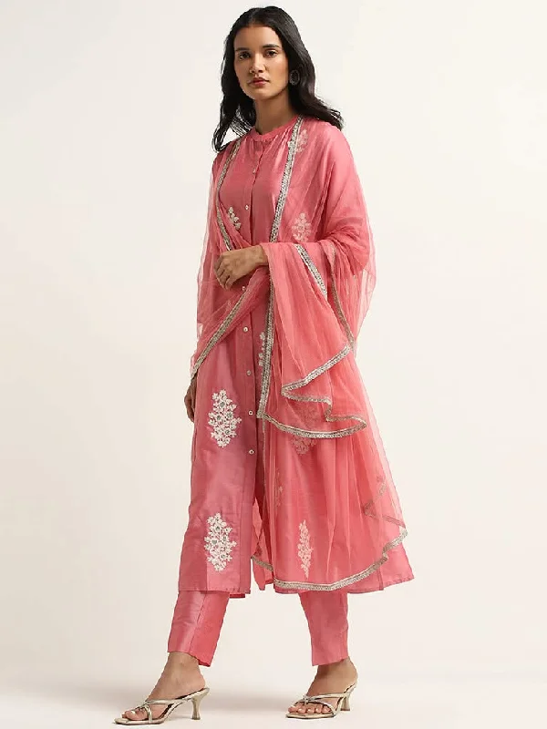 Vark Pink Floral A-Line Kurta, Mid-Rise Ethnic Pants and Dupatta Set Modern Skinny Pants