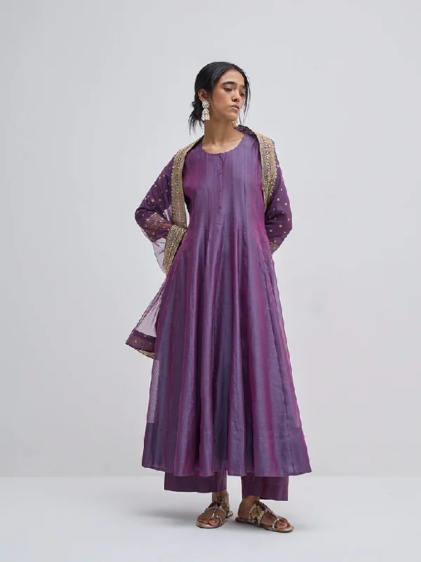 Vark Purple Embellished Kurta, Pants and Dupatta Set Casual Drawstring Pants