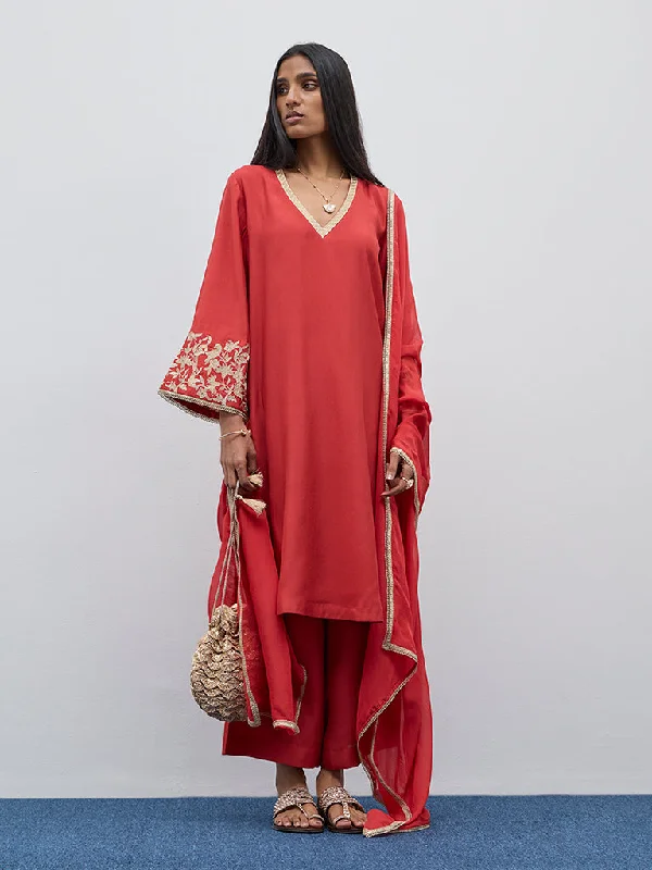 Vark Red Embroidered A-Line Kurta, Pants and Dupatta Set Lightweight Linen Pants