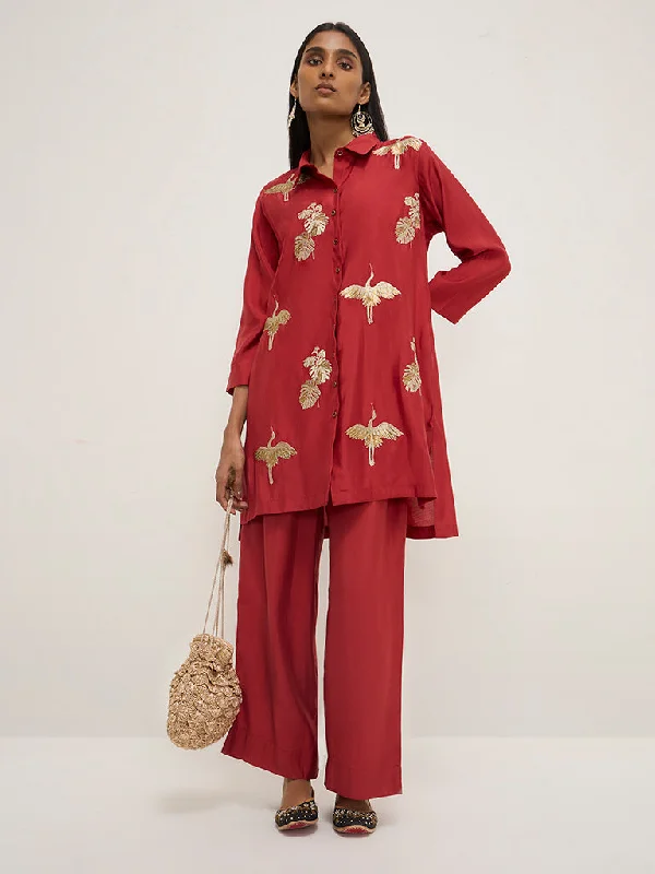 Vark Red Embroidered High-Low Tunic and Pants Set Casual Wide Pants