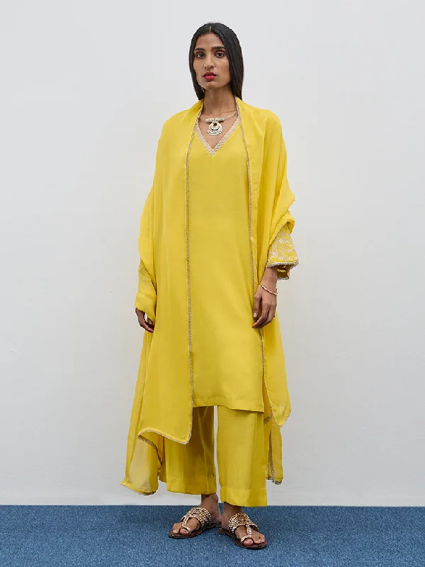 Vark Yellow Embroidered A-Line Kurta, Pants and Dupatta Set Casual Track Pants