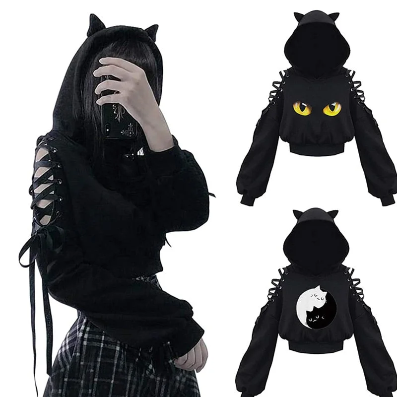 Women Long Sleeve Hoodies Kawaii Cat Ears Hoodie Gothic Punk Harajuku Cold Shouler Bandage Hoodie with Full-Zip Functional Layering