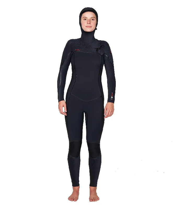 Women's HyperFire X 5/4mm Hooded Steamer Chest Zip Wetsuit - Black Hoodie with Magnetic Closure Innovative Modern