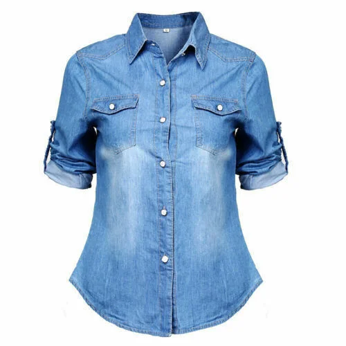 Womens retro azul jean denim macio ajustável manga longa camisa casual tops blusa jaqueta outono solto botão moda senhora blusa Cozy Relaxed Fit Denim Jeans