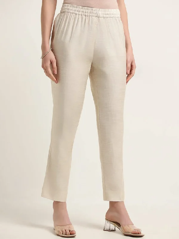 Zuba Beige Mid Rise Straight Fit Pants Classic Straight Pants