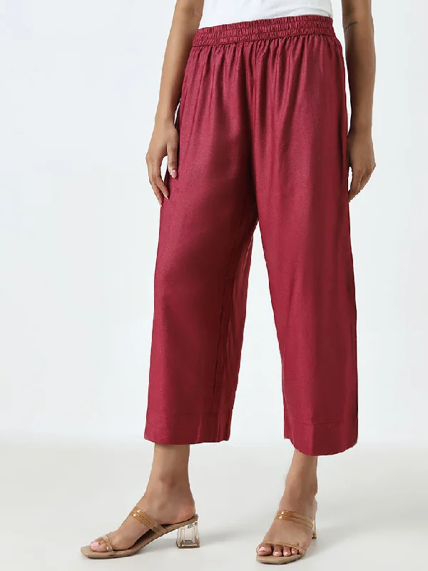 Zuba Maroon Solid High-Rise Ethnic Pants Classic Pleated Pants