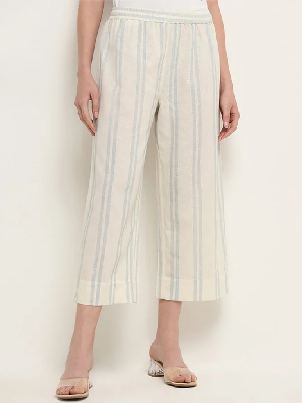 Zuba Off-White Mid-Rise Striped Blended Linen Pants Elegant Wool Trousers