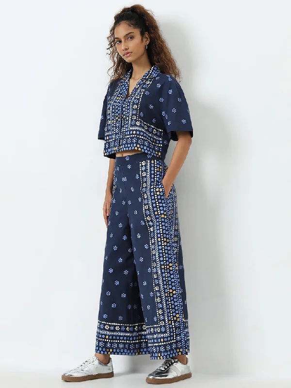 Bombay Paisley Blue Printed High-Rise Cotton Blend Pants Modern Bootcut Pants