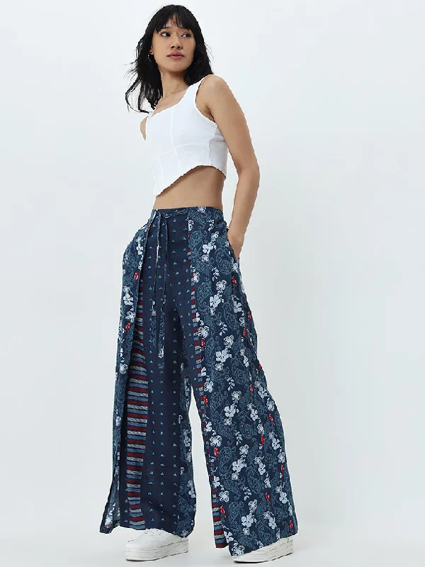 Bombay Paisley Indigo Paisley Printed High-Rise Pants Elegant High-Waist Pants