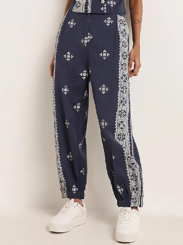 Bombay Paisley Navy Printed Cotton Ethnic Pants Relaxed High-Waist Trousers