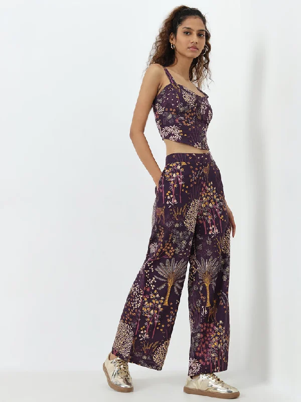 Bombay Paisley Purple Nature-Themed High-Rise Cotton Pants Classic Straight Pants