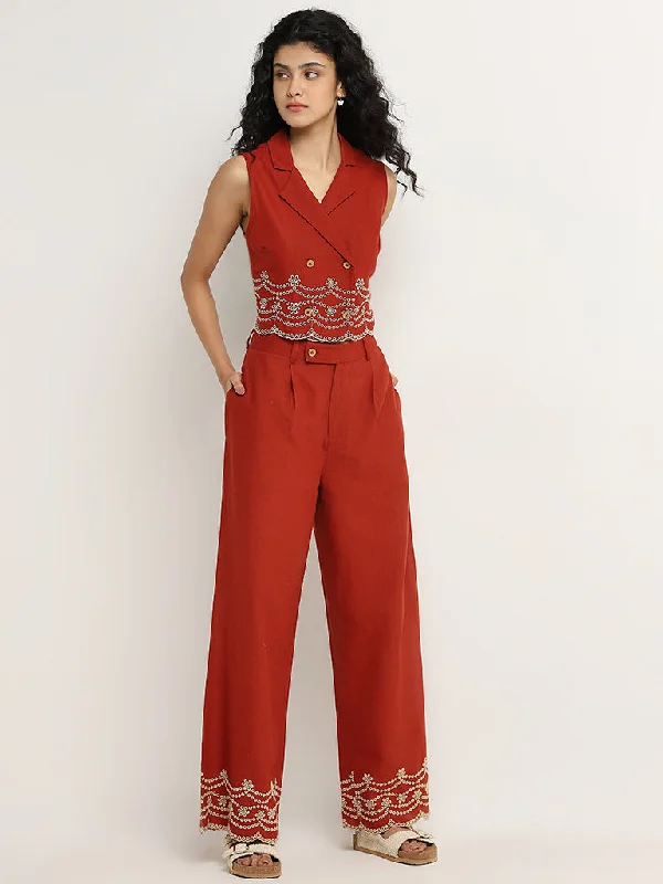 Bombay Paisley Red Schiffli Design High-Rise Cotton Pants Trendy Velvet Pants