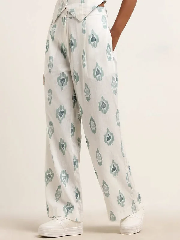 Bombay Paisley Teal Ikat Printed Mid Rise Cotton Blend Flared Pants Fashionable Tapered Leg Pants