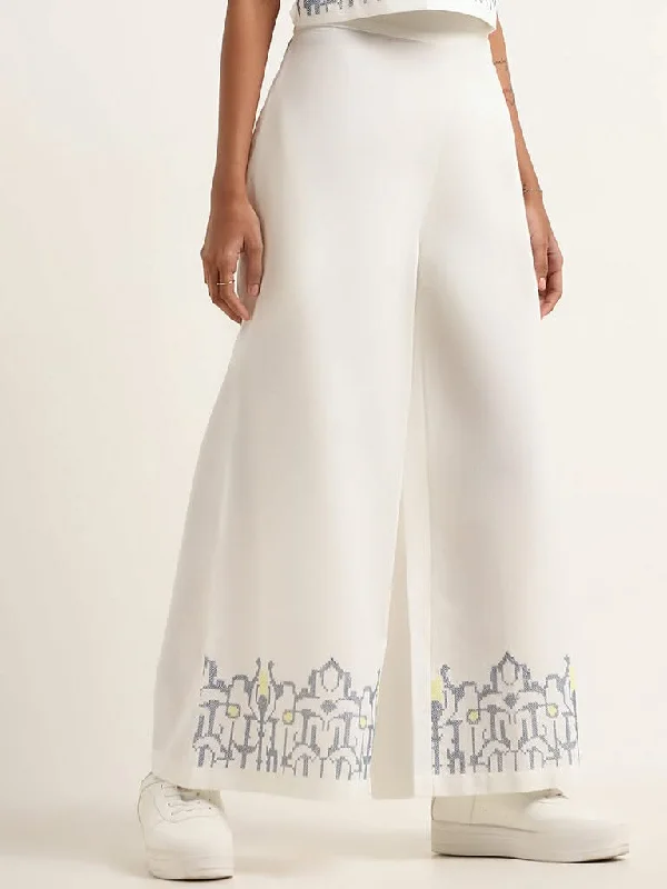 Bombay Paisley White Printed Blended Linen Mid Rise Pants Relaxed Casual Leggings