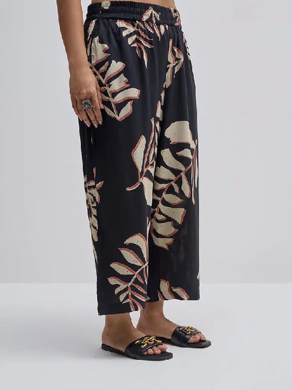 Diza Black Leaf Printed High-Rise Ethnic Pants Comfortable Denim Pants