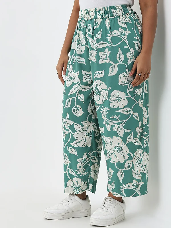 Diza Jade Green Floral Design Mid-Rise Cotton Ethnic Pants Fashionable Sporty Pants