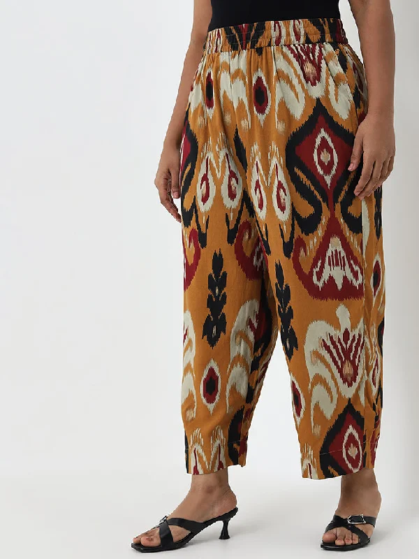 Diza Mustard Ikat Design High-Rise Ethnic Pants Fashionable Sporty Pants