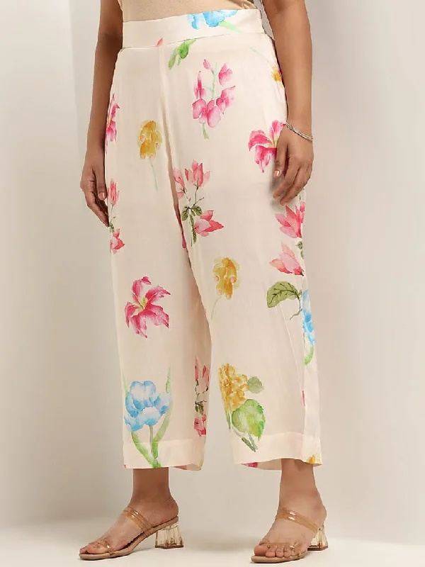 Diza Pink Floral Cotton Wide-Leg Pants Slim Fit Casual Pants