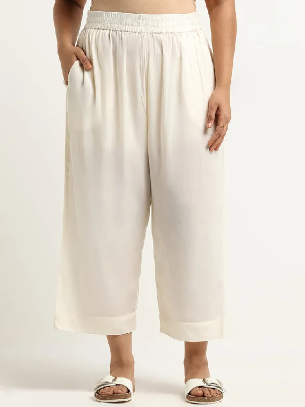 Diza Solid White Wide-Leg Pants Soft Stretch Trousers