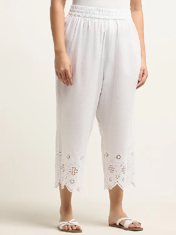 Diza White Floral Design High-Rise Cotton Ethnic Pants Trendy Work Pants