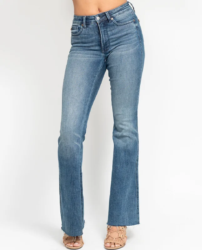 Judy Blue Mid-Rise Tummy Control Hem Flare Jean Stylish Stone-Wash Denim Jeans