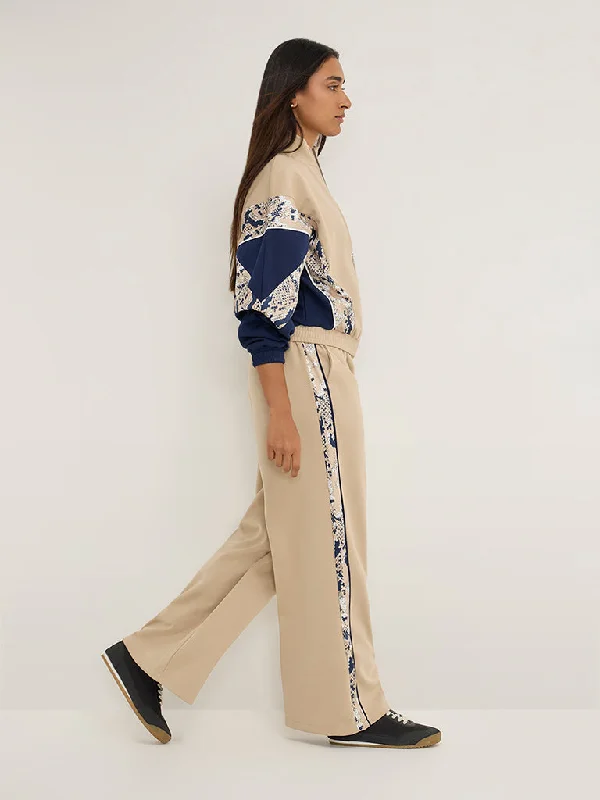 LOV Beige Abstract Design High-Rise Track Pants Elegant Wool Trousers